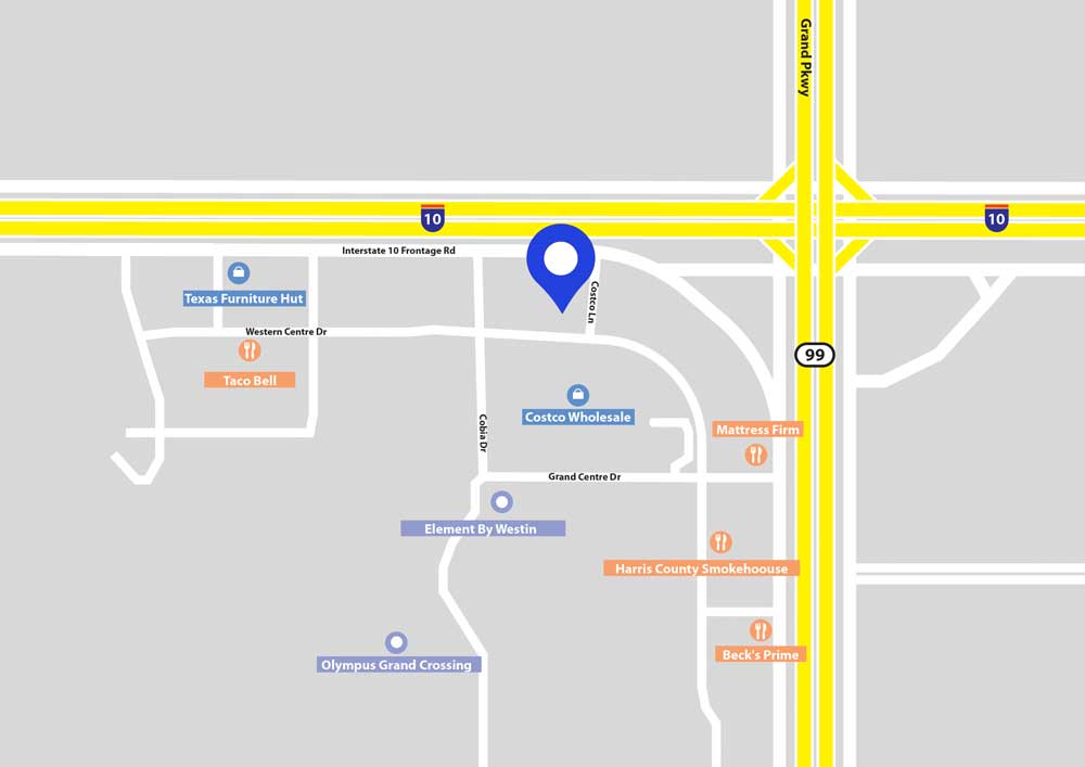 Map Showing Location of My Star Orthodontics in Katy Texas with a blue pin and locations of some neighboring business
