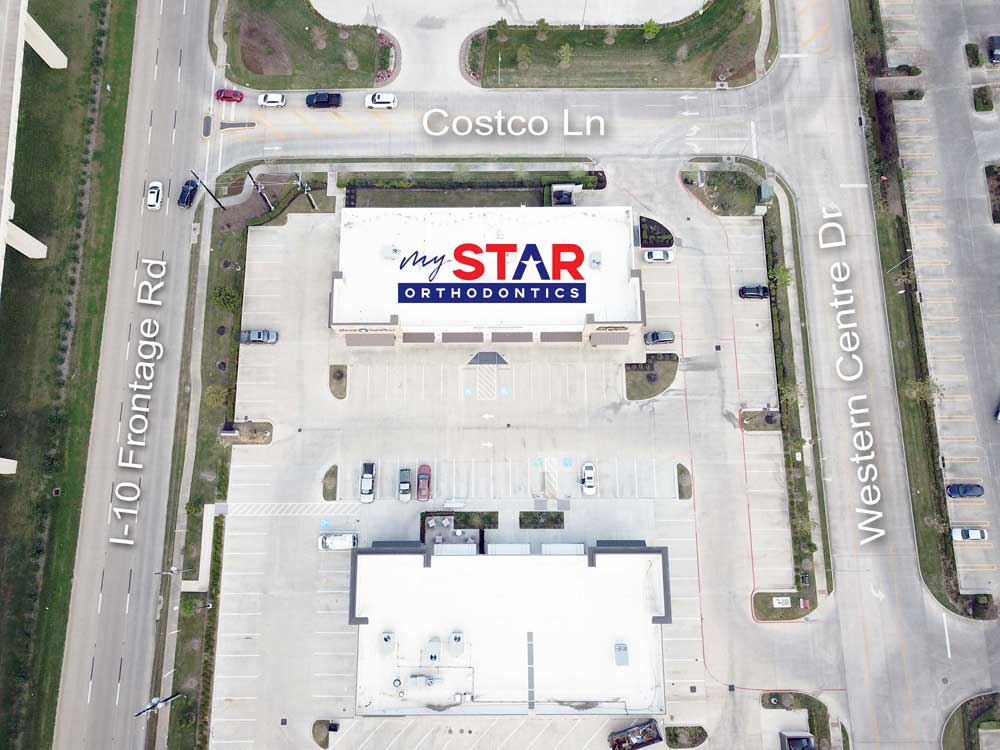 aerial photo showing parking lot of my star orthodontics in Katy TX and surrounding roads for directions